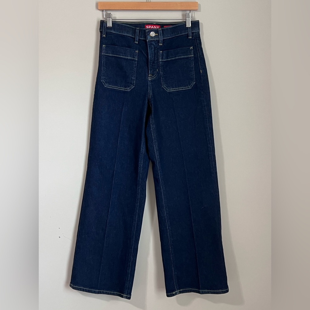 SPANX Wide Leg Jeans Patch Pockets‎ Small Petite Indigo Dark Wash 30" inseam